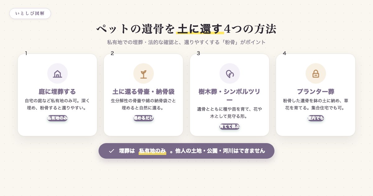 ペットの遺骨を土に還す4つの方法（庭への埋葬・土に還る骨壷・樹木葬・プランター葬）