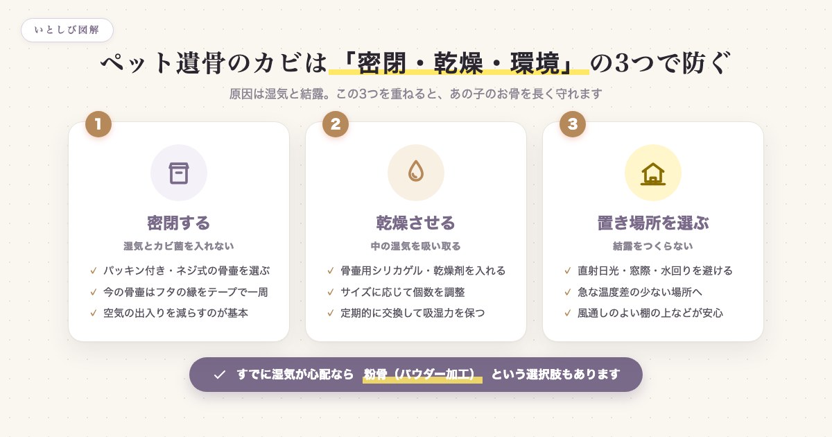 ペット遺骨のカビは密閉・乾燥・置き場所の3つで防ぐことを示した図