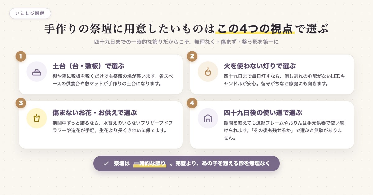 手作りの祭壇に用意したいものを選ぶ4つの視点を示した図