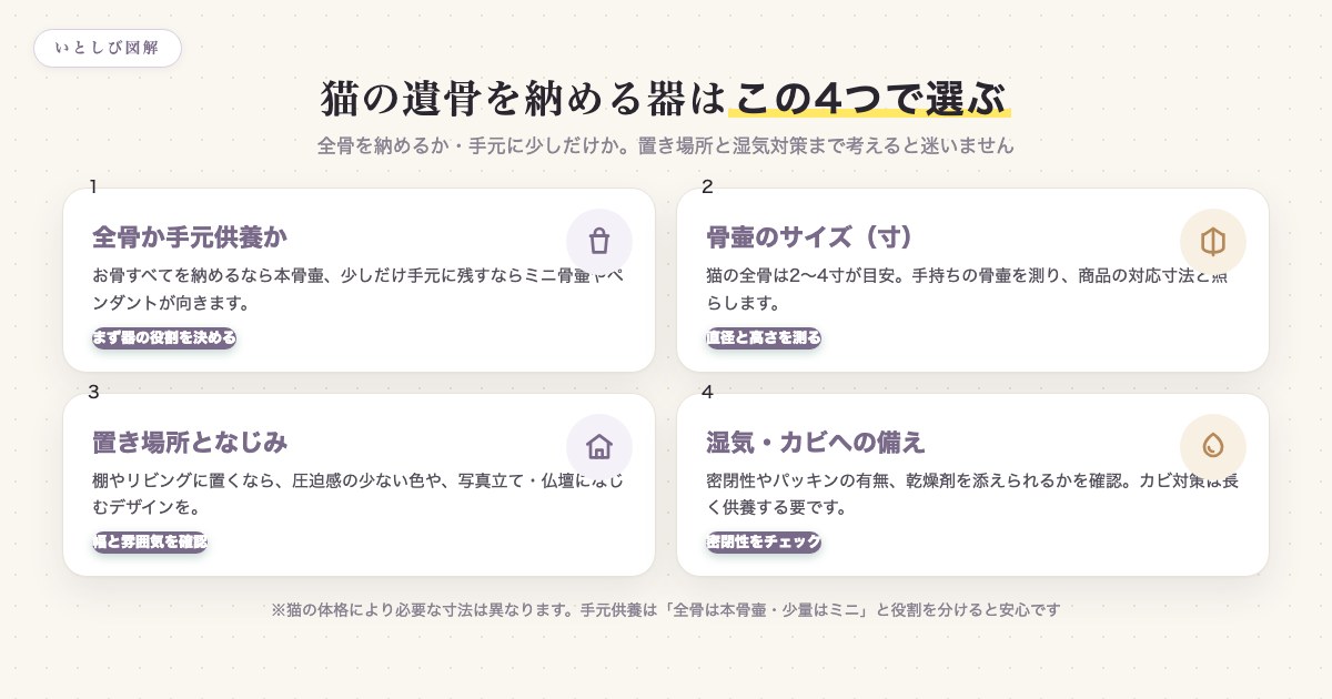 猫の遺骨を納める器を選ぶ4つのポイント(全骨か手元か・サイズ・置き場所・湿気対策)