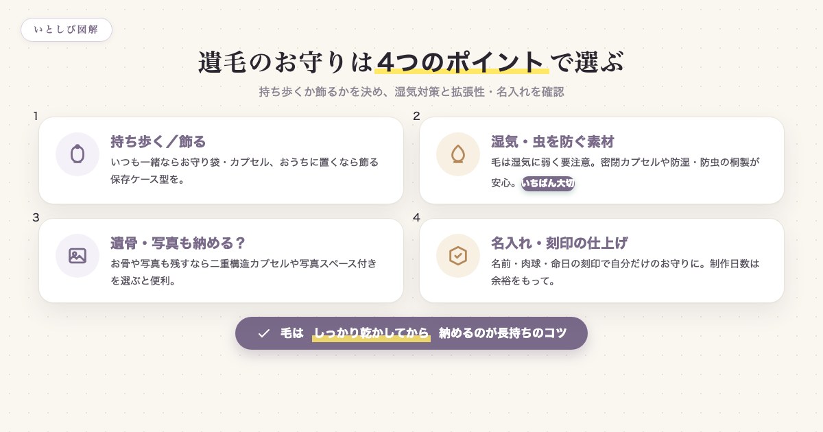 遺毛のお守り・保存ケースを選ぶ4つのポイント(持ち歩き・飾る/湿気対策/遺骨や写真/名入れ)