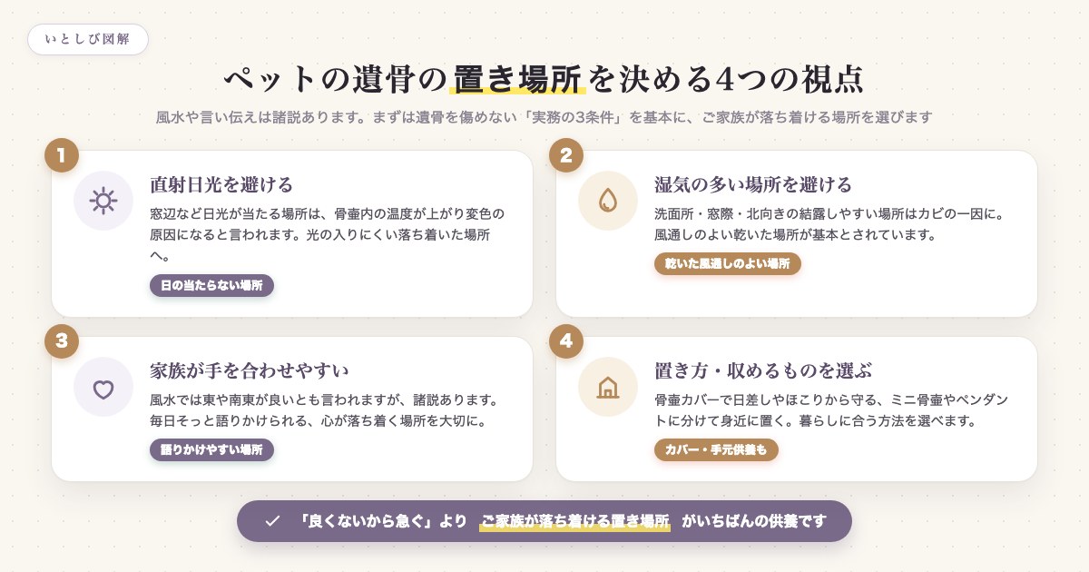 ペットの遺骨の置き場所を決める4つの視点(直射日光を避ける・湿気を避ける・家族が手を合わせやすい・置き方を選ぶ)を示した図解