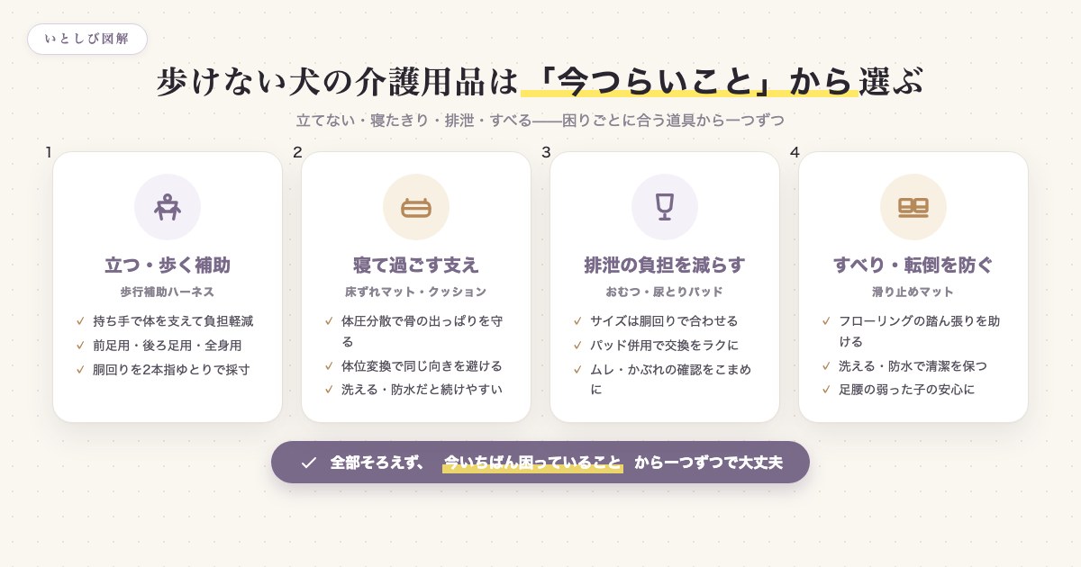 歩けない犬の介護用品を困りごとから選ぶ4つのポイントを示した図解
