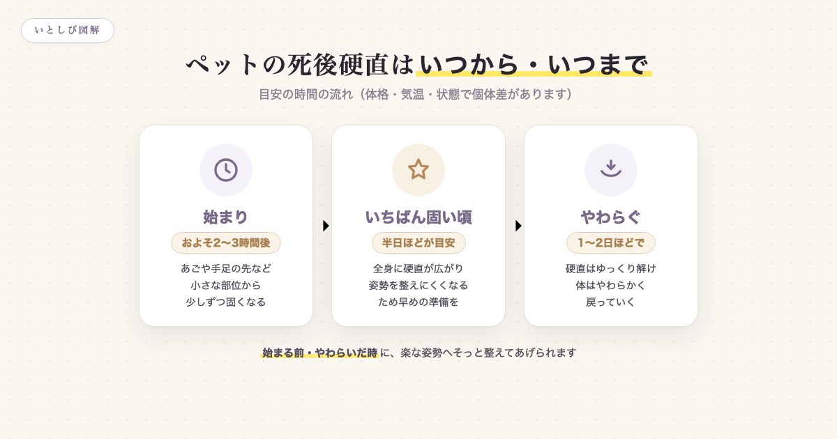 ペットの死後硬直が始まる・いちばん固くなる・やわらぐまでの時間の目安を示した図