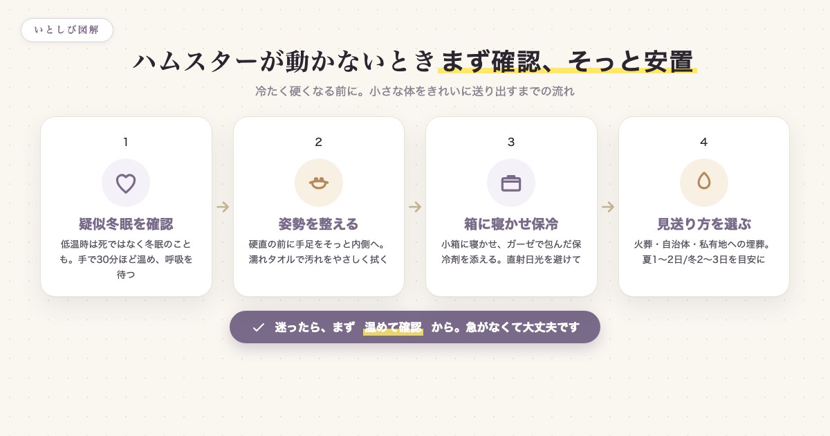 ハムスターが動かなくなったときの確認から安置・見送りまでの流れ図