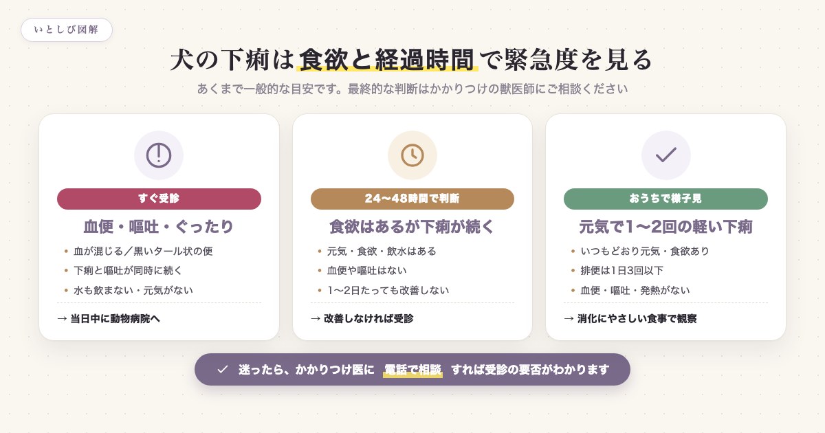 犬の下痢を食欲と経過時間で見る緊急度の目安の図解