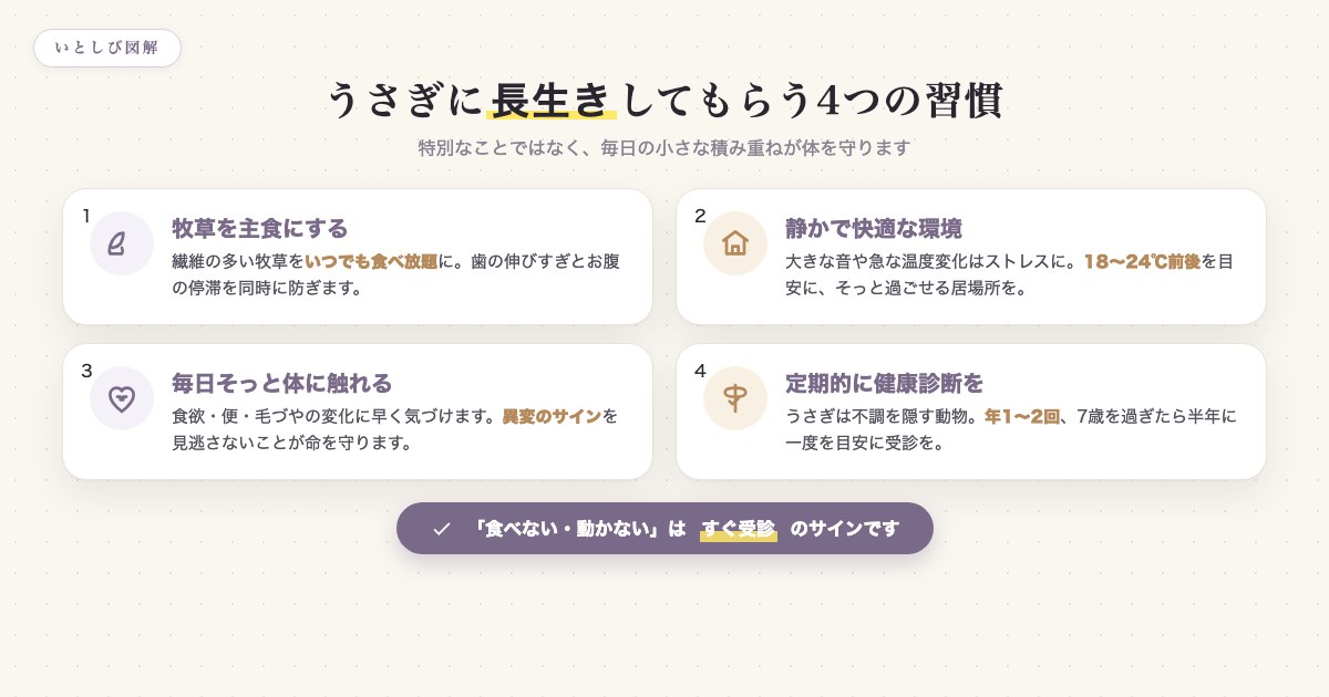 うさぎに長生きしてもらうための4つの習慣。牧草・環境・スキンシップ・健康診断