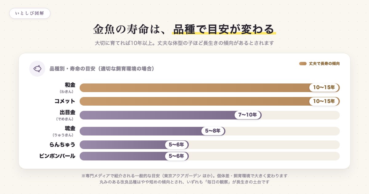 金魚の品種別・寿命の目安を示した早見表の図解