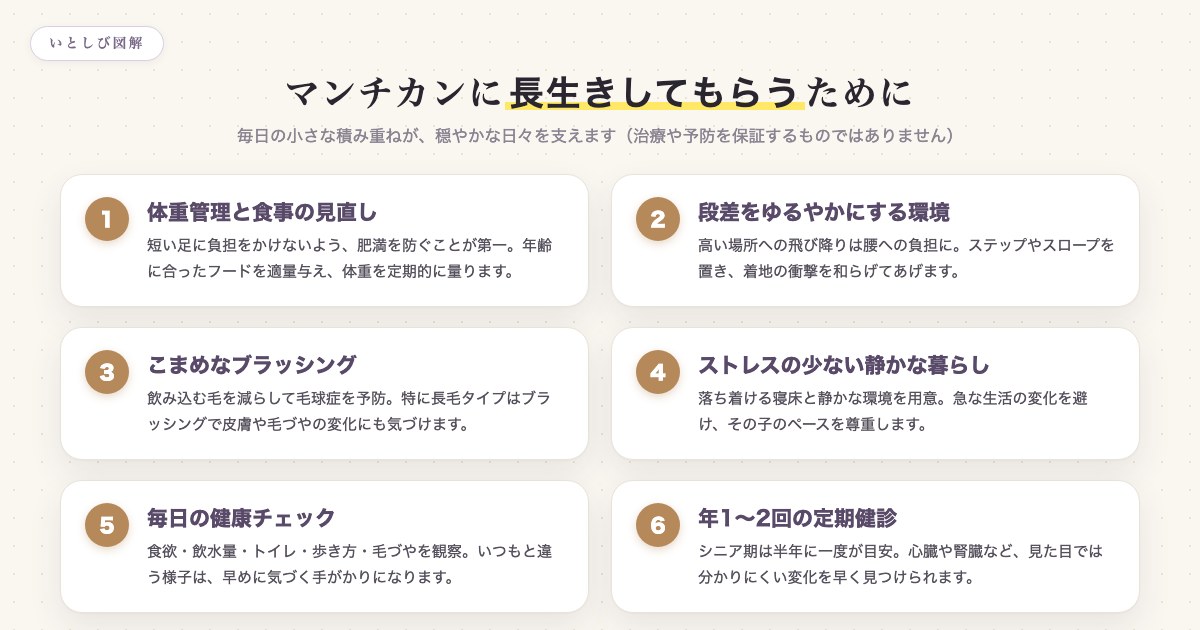 マンチカンに長生きしてもらうためにできること6つの図解