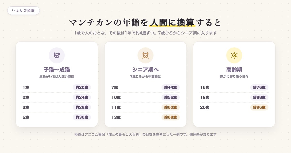 マンチカンの年齢を人間に換算した早見表の図解