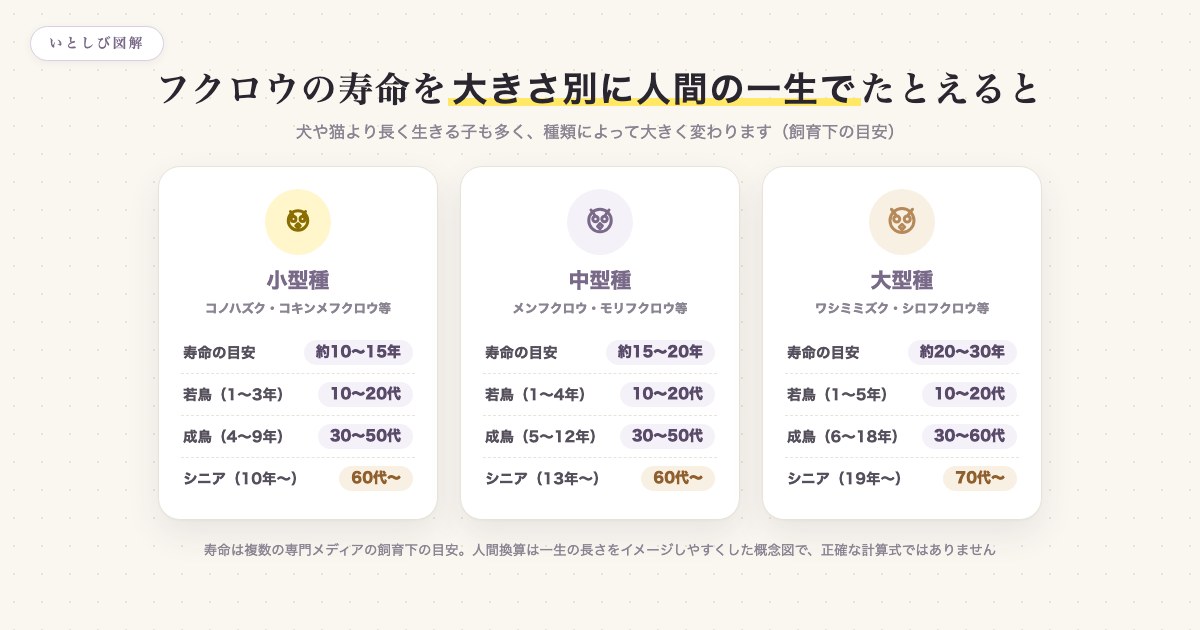 フクロウの寿命を大きさ別に人間の一生でたとえた早見図
