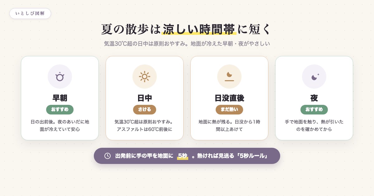 夏の犬の散歩に適した時間帯と避けたい時間帯を示した図