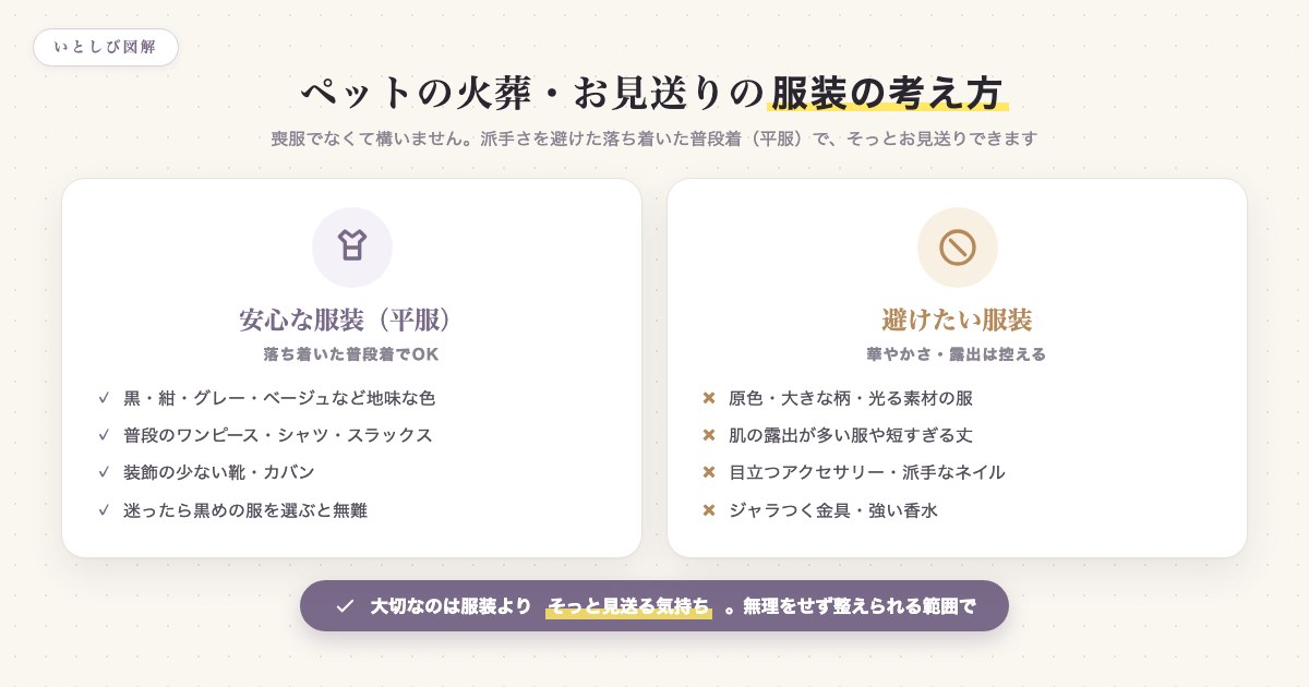ペット火葬で安心な服装(平服)と避けたい服装を比較した図解