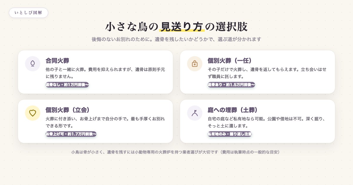 小鳥の見送り方の選択肢（合同火葬・個別火葬一任・個別火葬立会・庭への埋葬）を整理した図