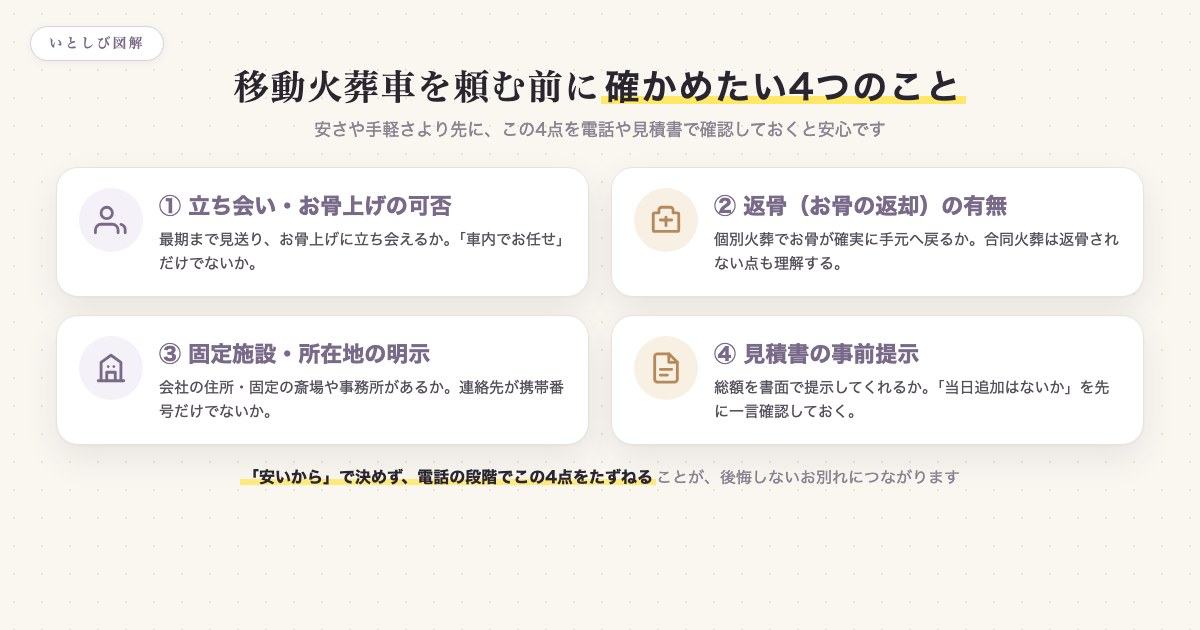 移動火葬車を頼む前に確かめたい4つのこと(立ち会い・返骨・所在地・見積書)