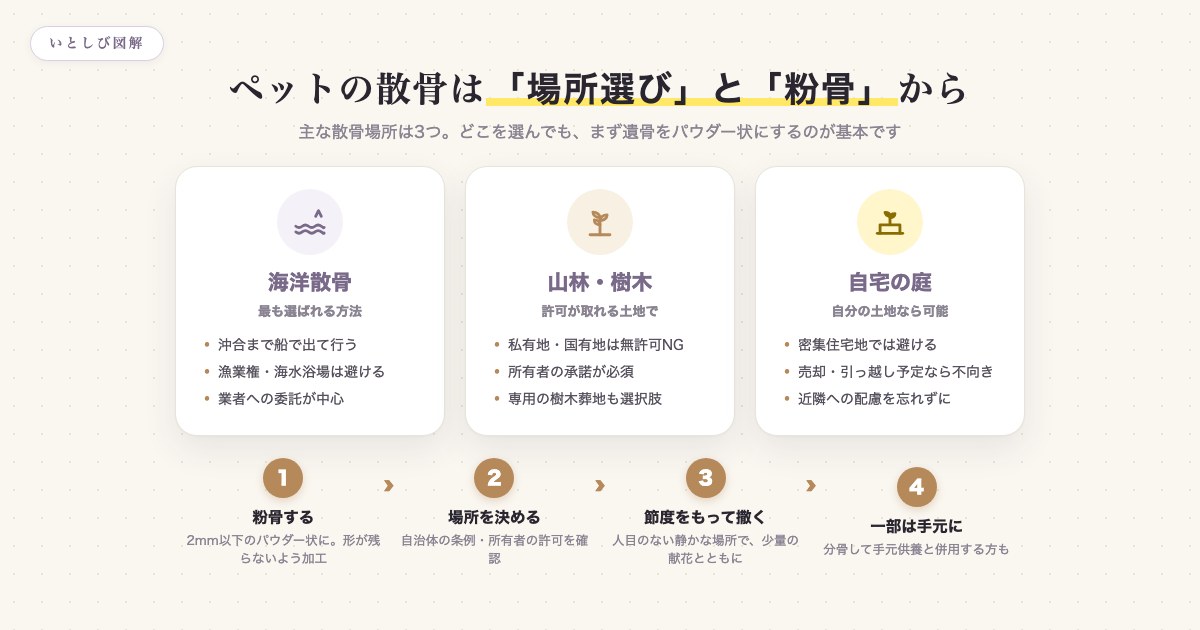 ペットの散骨の主な方法(海洋・山林・庭)と、粉骨から散骨までの流れを示した図解