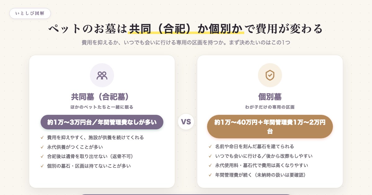 共同墓(合祀墓)と個別墓の費用と特徴の比較図