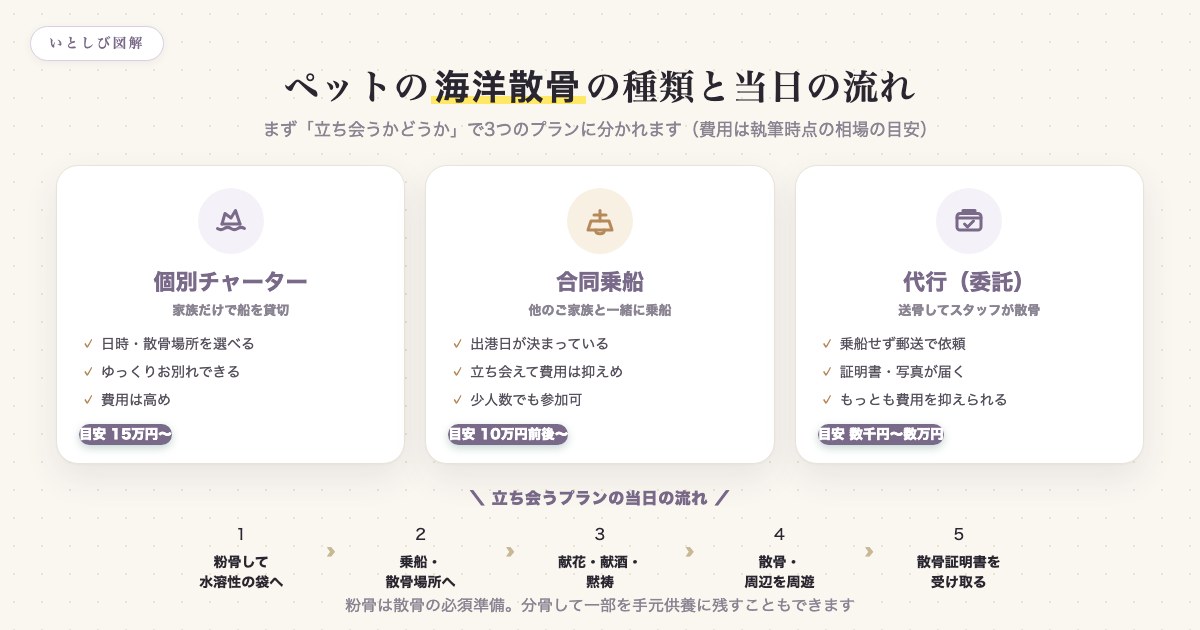 ペットの海洋散骨の3つの種類(個別チャーター・合同乗船・代行)と当日の流れの図解